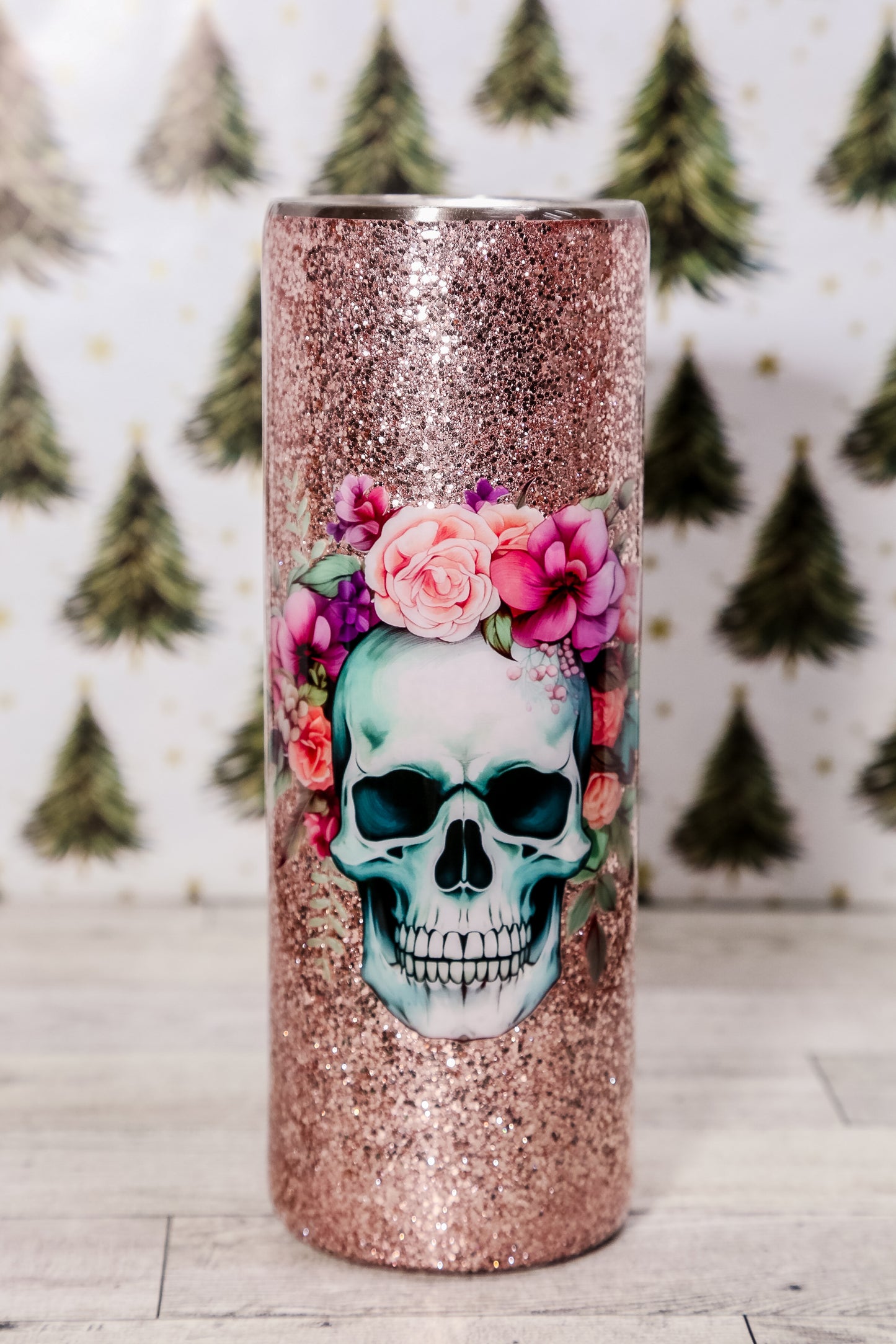 Rose gold glitter with skull & flowers